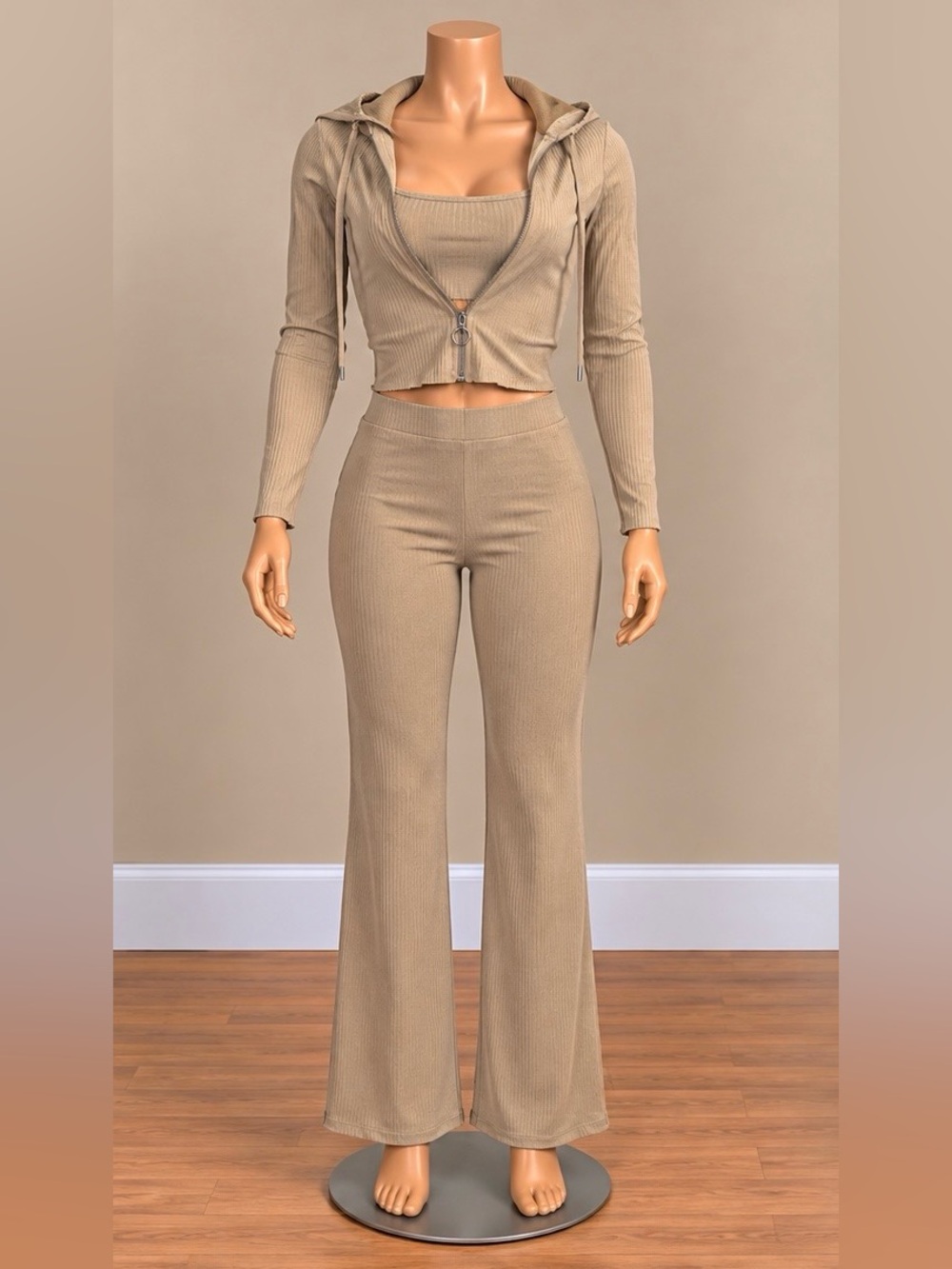 OOTDFash Taupe Ribbed 3 Piece Flare Pant Set Crop Top Hoodie S NWT